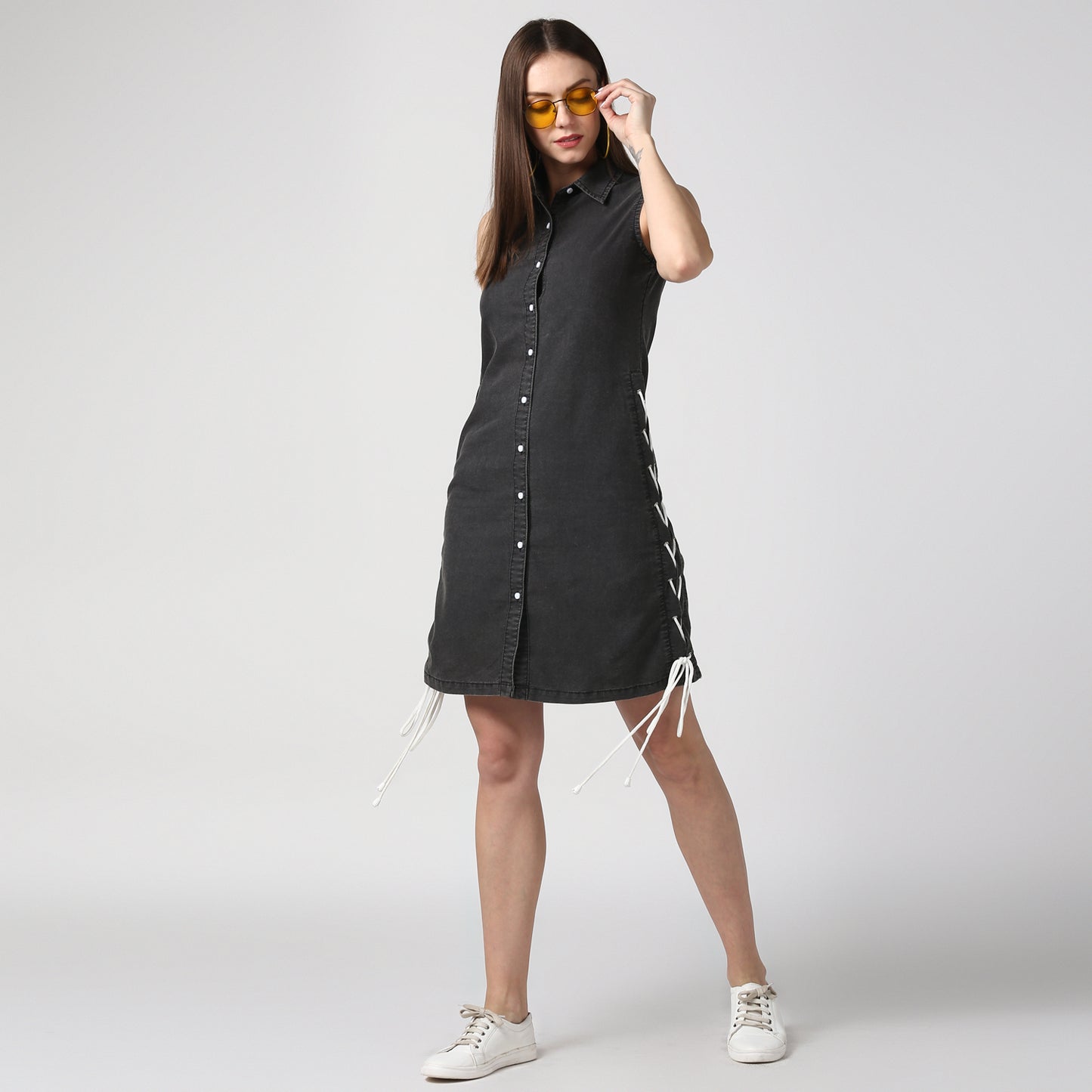 StyleStone Women's Black Denim Dress with Draw String on the Sides
