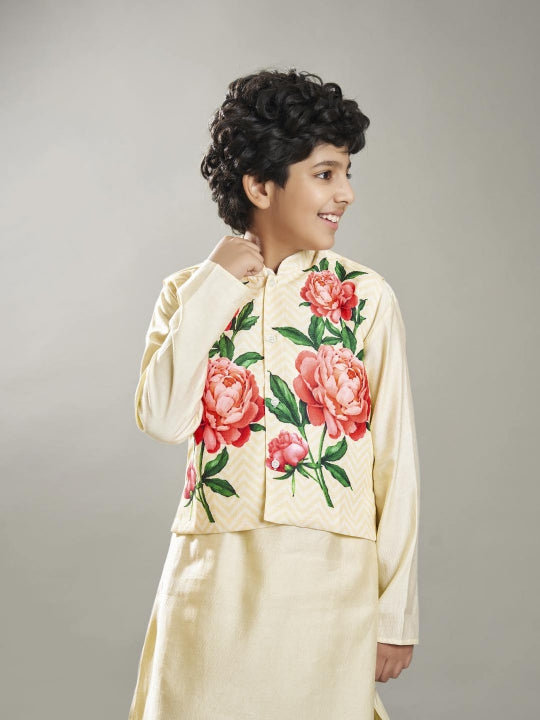 Boys off white kurta pajama with off white floral print jacket