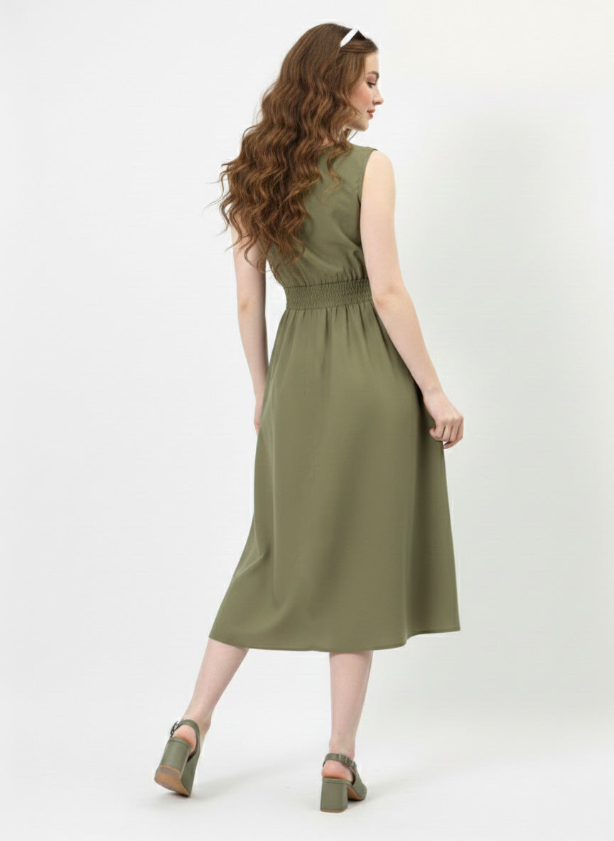 Olive Pure Cotton Smocked Lace Dress-ADR-19732