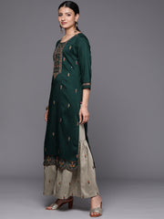 Kalini Women Green Three Quater Sleeve Embroidered Kurta Paired With Sharara And Dupatta