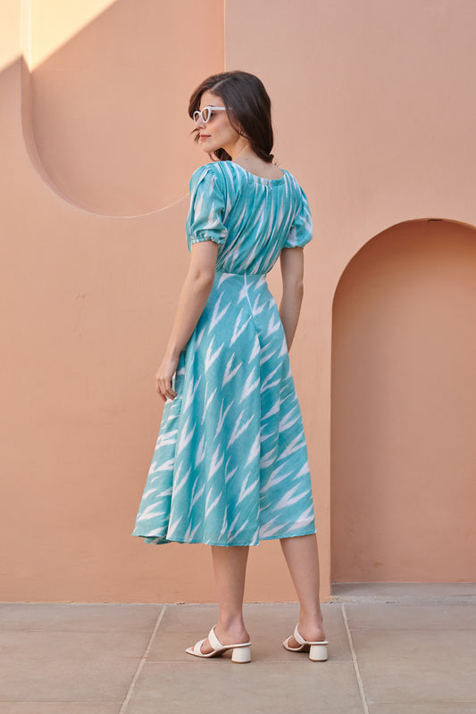 Turquoise Ikat Side Cut Cotton Dress