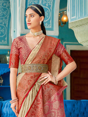 Yellow Red Linen Cotton Saree with Rich Zari Border Festive Wear Saree for Wedding and Party