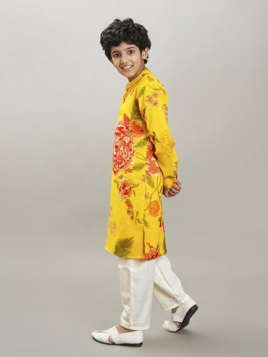Boys yellow & red floral printed kurta with a off white pajama
