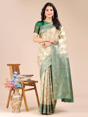 Graceful Cream and Navy Blue Silk Saree – Traditional Elegance with Royal Charm