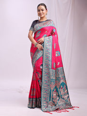 Banarasi Silk Saree with Zari Work - Wedding & Festive Traditional Saree | Temple Border & Royal Motifs | Soft & Shiny Silk Finish