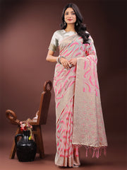 Elegant Beige & Coral Linen Saree with Zari Border and Abstract Pattern – Premium Festive & Office Wear