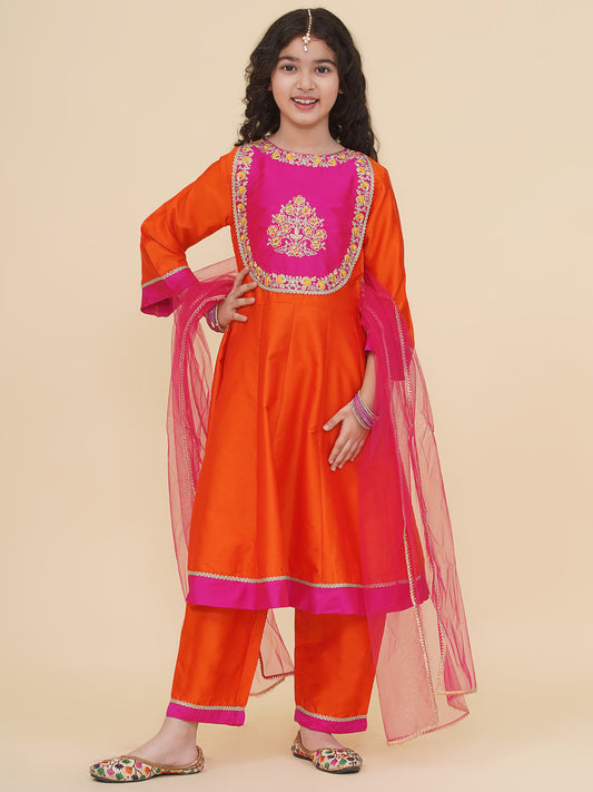 Solid Three-Fourth Sleeves Above Knee Length Silk Kurta & Trousers With Dupatta - Orange