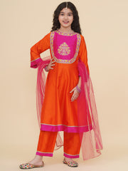 Solid Three-Fourth Sleeves Above Knee Length Silk Kurta & Trousers With Dupatta - Orange