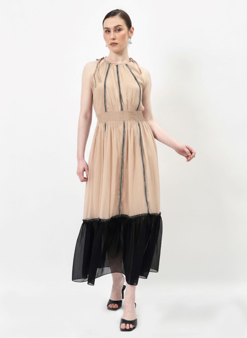 Colourblocked Halter Neck Chiffon A-Line Midi Dress-ADR-19827A