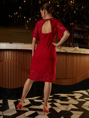 Self Design Bell Sleeves Lace A-Line Dress