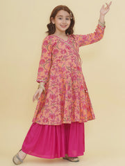 Girls Peach Floral Printed Angrakha Kurta with Sharara