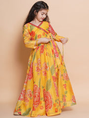Girls Yellow Printededed Ready to wear Choli & Lehenga
