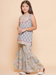 Girls Grey Pink Floral Printed Kurta With Sharara
