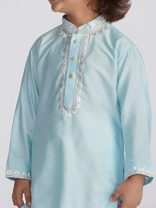 Boys' Aqua And Cream Kurta And Pyjama Set
