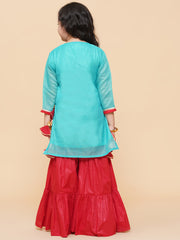 Silk blend Woven Three-Quarter Sleeves Embroidered A Line Kurta And Sharara Set - Sea Green