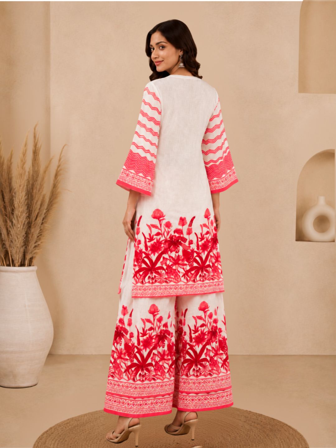 Off White Printed Cotton Straight Kurta Set