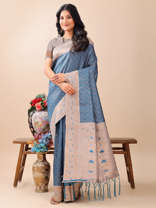 Graceful Blue & Beige Lichi Silk Saree with Elegant Woven Pallu – Timeless Beauty for Every Occasion