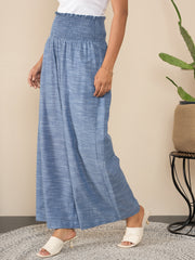 Women's Blue Self Design Smocked Waist Pants