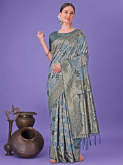 Elegant Green Floral Lichi Silk Saree with Zari Weaving and Rich Pallu – Wedding & Festive Wear Saree