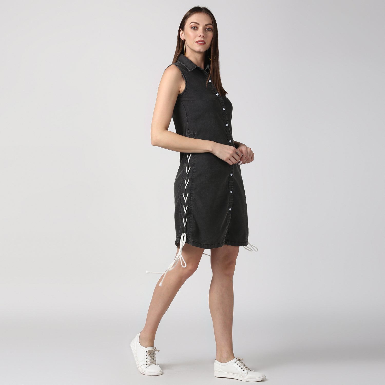 StyleStone Women's Black Denim Dress with Draw String on the Sides