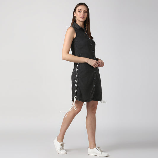 StyleStone Women's Black Denim Dress with Draw String on the Sides