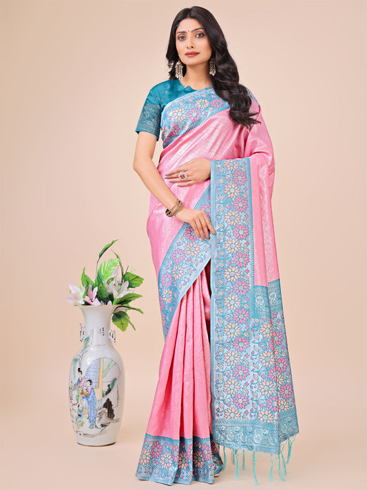 Premium Pink & Sky Blue Floral Woven Lichi Silk Saree with Rich Pallu & Tassels – Festive & Party Wear for Women