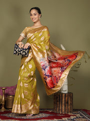 Green Floral Linen Cotton Saree with Zari Border & Digital Printed Pallu – Elegant Sari for Festive Occasions