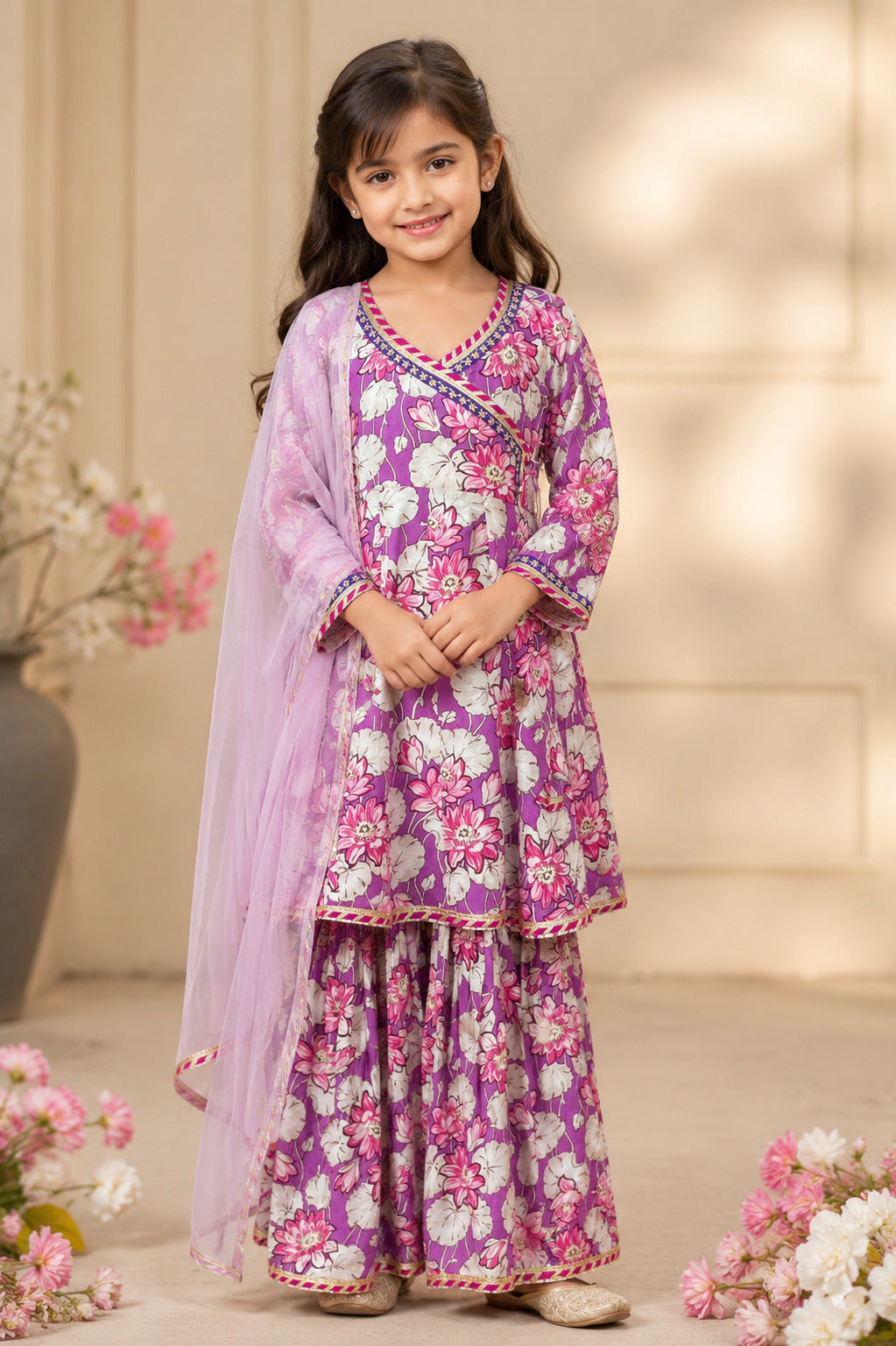 Girls Purple Floral Printed Kurta With Sharara And Pink Dupatta
