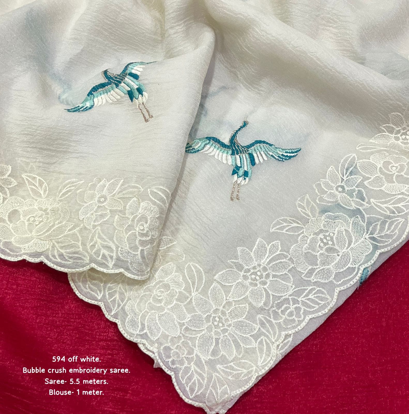 soft bubble crush saree in off white color.Lucknowi style embroidery border with bird emboridary.Pereftly matched net embroidery blouse.