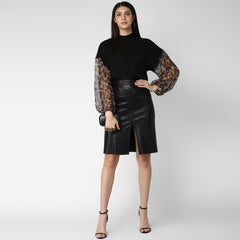 Women's Black top with Animal Print Sleeve