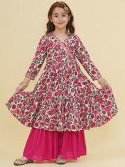 Girls Off-White Floral Printed Angrakha Kurta with Sharara