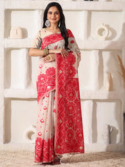 Elegant Woven Linen Cotton Saree for Durga Puja & Diwali | Ethnic Motif Design with Rich Zari Border | Soft, Breathable, Festive-Ready Traditional Drape