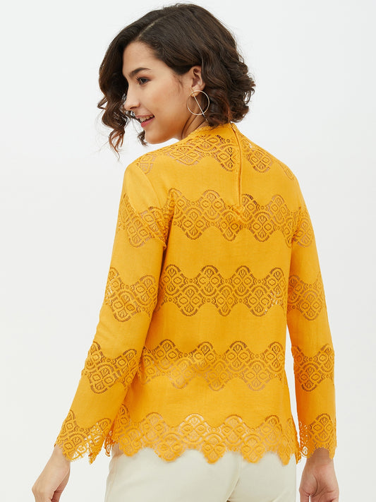 Women's Yellow Self Detail Lace Top