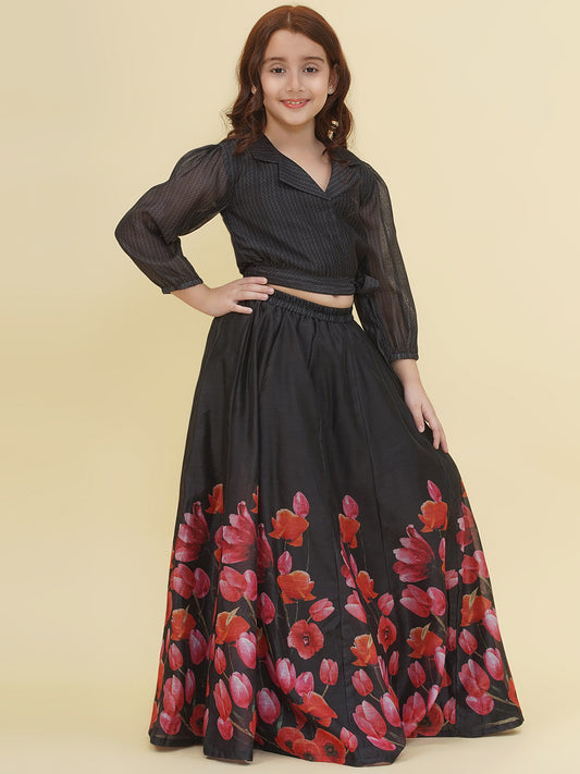 Girls Indo-Western Black & Pink Digital Printed Choli Ready to wear Lehenga