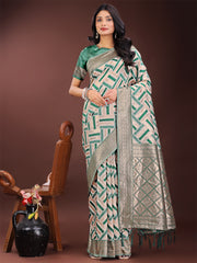 Elegant Pink & Cream Linen Saree with Geometric Design and Zari Border – Festive & Party Wear