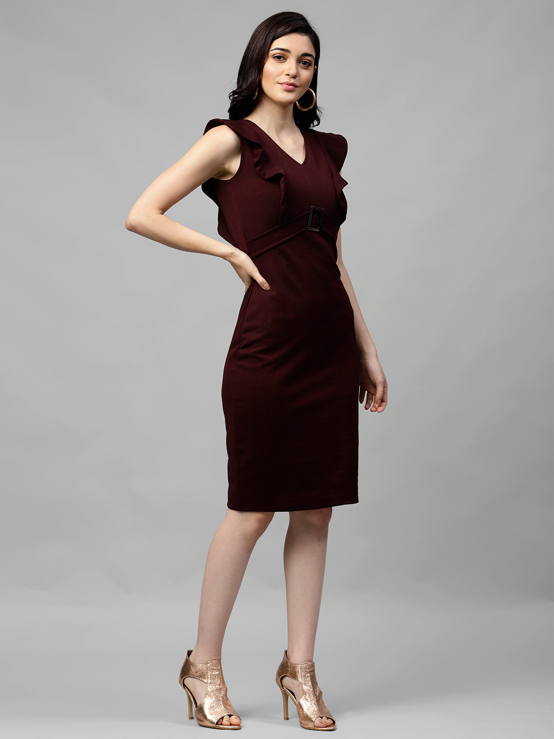 Women Burgundy Solid Sheath Dress