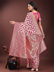 Elegant Pink & Cream Linen Saree with Geometric Design and Zari Border – Festive & Party Wear