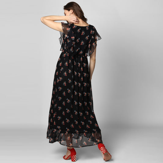 Women's Black Printed Maxi Dress with Lining