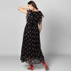 Women's Black Printed Maxi Dress with Lining