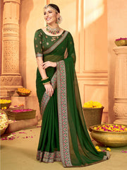 Women's Georgette Green Embellished DesignerSaree With Blouse Piece