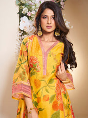 Yellow Colour Floral Printed Flared Anarkali Kurta with Palazzos Dupatta.