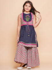 Girls Navy Blue Embroidered Jacket Style kurta with Sharara