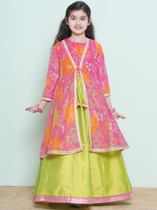 Girls Pink & Green Floral Printededed Ready to Wear Lehenga & Blouse with Shrug