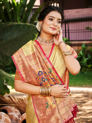 Kanjivaram Silk Saree for Women Yellow Wedding Wear with Red Blouse Rich Zari Woven Design Saree