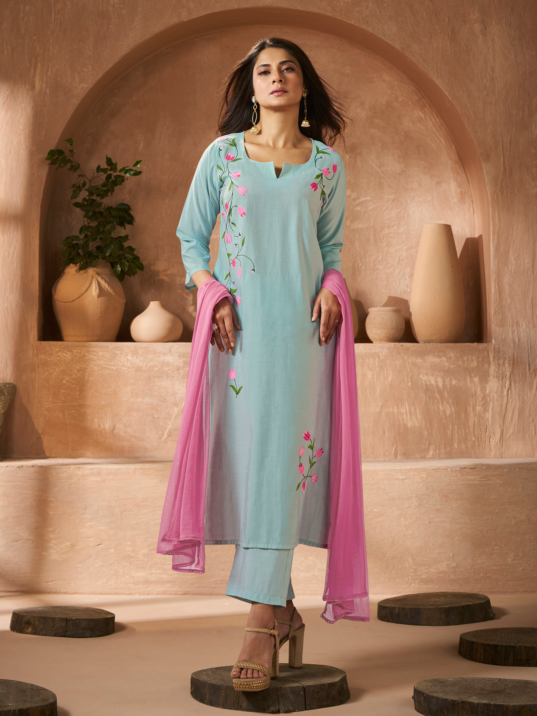Sky Blue Embroidered Straight Kurta Set With Dupatta.