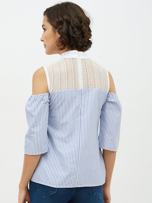 Women's Blue & White Cotton Stripe with Lace detail top