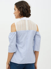 Women's Blue & White Cotton Stripe with Lace detail top