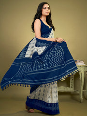 Women's Cotton Blend OffWhite Printed DesignerSaree With Blouse Piece