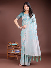 Elegant Peach Pink Linen Cotton Saree for Women – Soft Lightweight Saree with Subtle Self-Weave & Tassel Pallu