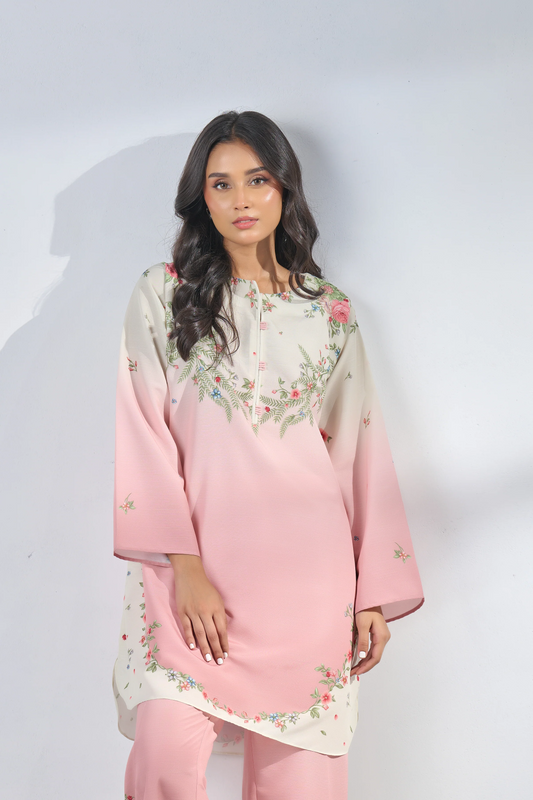 Blush Pink & Off-White Floral  Rayon Co-Ord Set - Effortless Elegance